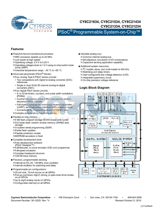 CY8C21334 datasheet - PSoC Programmable System-on-Chip Low power at high speed