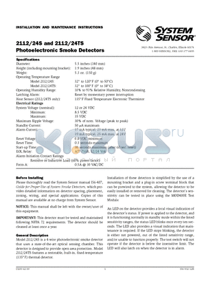 2124TS datasheet - Photoelectronic Smoke Detectors