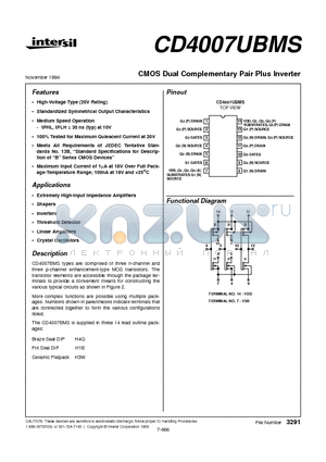 CD4007 datasheet - CMOS Dual Complementary Pair Plus Inverter