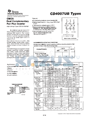 CD4007UB datasheet - CMOS DUAL COMPLEMENTARY PAIR PLUS INVERTER