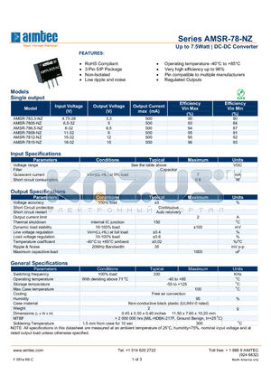 AMSR-7805-NZ datasheet - Up to 7.5Watt | DC-DC Converter