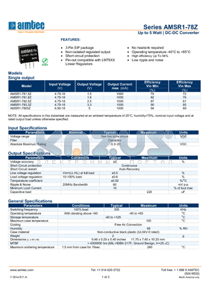 AMSR1-7805Z datasheet - Up to 5 Watt | DC-DC Converter