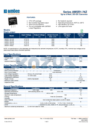 AMSR1-7805Z datasheet - Up to 5 Watt | DC-DC Converter