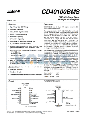 CD40100BMS datasheet - CMOS 32-Stage Static Left/Right Shift Register
