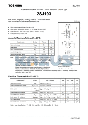 2SJ103 datasheet - For Audio Amplifier, Analog Switch, Constant Current and Impedance Converter Applications