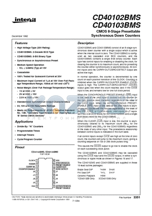CD40103BMS datasheet - CMOS 8-Stage Presettable Synchronous Down Counters