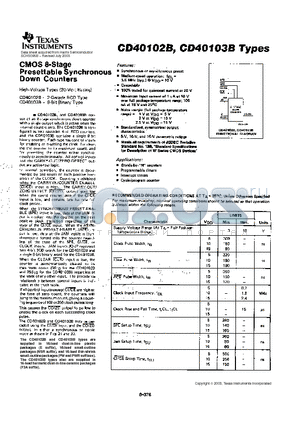 CD40103BPWE4 datasheet - CMOS 8-STAGE PRESETTABLE SYNCHRONOUS DOWN COUNTERS