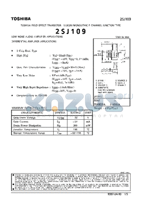 2SJ109 datasheet - P CAHNNEL JUNCTION TYPE (LOW NOISE AUDIO AMPLIFIER, DIFFERENTIAL AMPLIFIER APPLICATIONS)