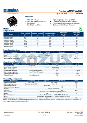 AMSRW-7809Z datasheet - Up to 7.5 Watt | DC-DC Converter