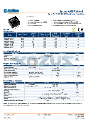 AMSRW-786.5Z datasheet - Up to 7.5 Watt | DC-DC Switching Regulator