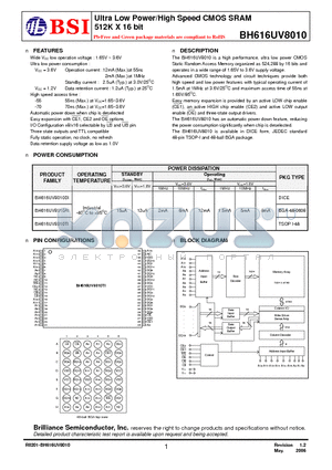 BH616UV8010DI70 datasheet - Ultra Low Power/High Speed CMOS SRAM 512K X 16 bit