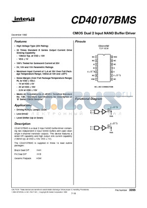 CD40107BMS datasheet - CMOS Dual 2 Input NAND Buffer/Driver