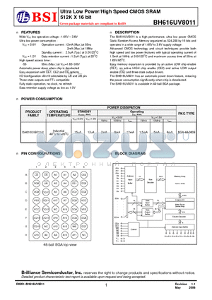 BH616UV8011AIG55 datasheet - Ultra Low Power/High Speed CMOS SRAM 512K X 16 bit
