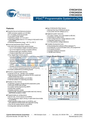 CY8C24423A-24PVXIT datasheet - PSoC^ Programmable System-on-Chip