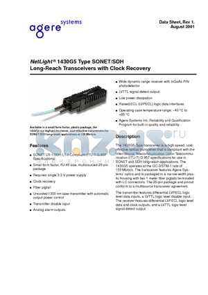 1430G5 datasheet - NetLight  1430G5 Type SONET/SDH Long-Reach Transceivers with Clock Recovery