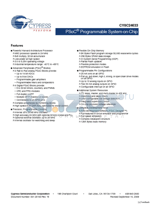 CY8C24633-24PVXI datasheet - PSoC Programmable System-on-Chip