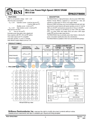 BH62UV8000 datasheet - Ultra Low Power/High Speed CMOS SRAM