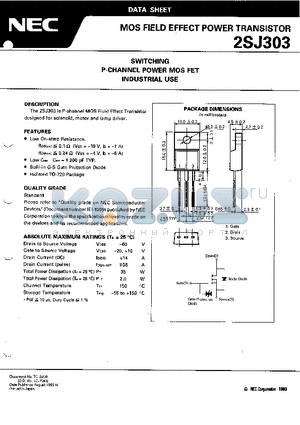 2SJ303 datasheet - SWITCHING P-CHANNEL POWER MOS FET INDUSTRIAL USE