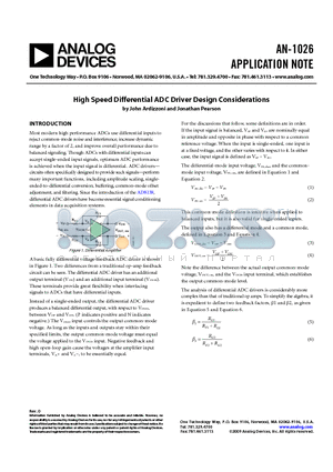 AN-1026 datasheet - High Speed Differential ADC Driver Design Considerations