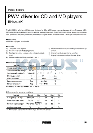 BH6505K datasheet - PWM driver for CD and MD players