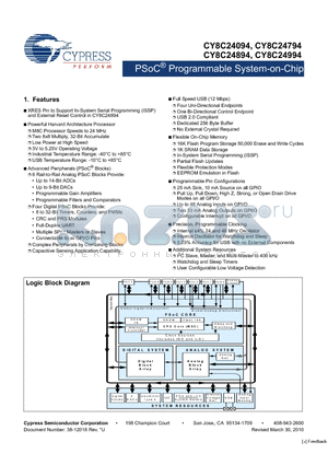 CY8C24994-24BVXI datasheet - PSoC^ Programmable System-on-Chip