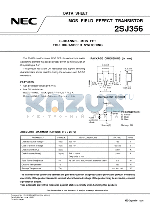 2SJ356 datasheet - P-CHANNEL MOS FET FOR HIGH-SPEED SWITCHING
