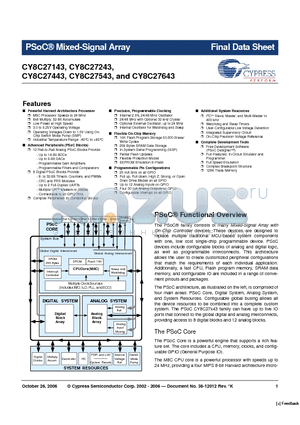 CY8C27243 datasheet - PSoC^ Mixed-Signal Array