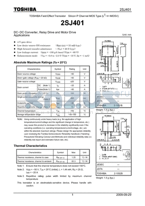 2SJ401 datasheet - DC−DC Converter, Relay Drive and Motor Drive Applications