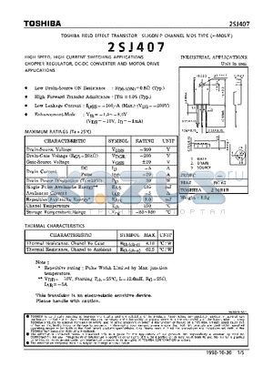 2SJ407 datasheet - P CHANNEL MOS TYPE (HIGH SPEED, HIGH CURENT SWITCHING, CHOPPER REGULATOR, DC-DC CONVERTER AND MOTOR DRIVE APPLICATIONS)