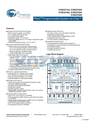 CY8C27643-24PVXIT datasheet - PSoC^ Programmable System-on-Chip