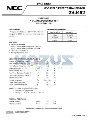 2SJ492-ZJ datasheet - SWITCHING P-CHANNEL POWER MOS FET INDUSTRIAL USE