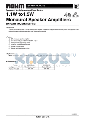 BH7824FVM datasheet - 1.1W to1.5W Monaural Speaker Amplifiers