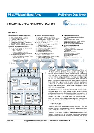 CY8C27666-SPAXI datasheet - PSoC Mixed Signal Array