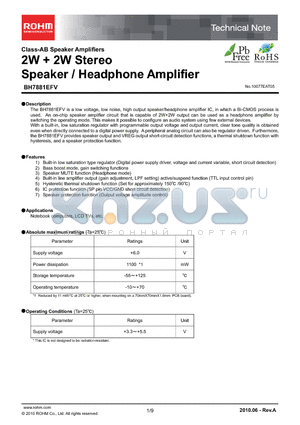 BH7881EFV datasheet - 2W  2W Stereo Speaker / Headphone Amplifier