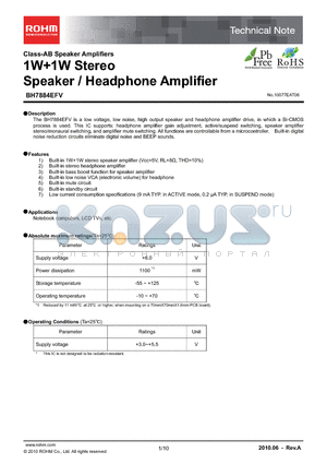 BH7884EFV-E2 datasheet - 1W1W Stereo Speaker / Headphone Amplifier