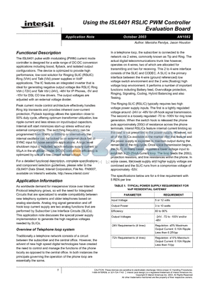 AN1082 datasheet - Using the ISL6401 RSLIC PWM Controller Evaluation Board