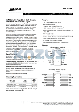 CD4015BDTR datasheet - CMOS Dual 4-Stage Static Shift Register With Serial Input/Parallel Output