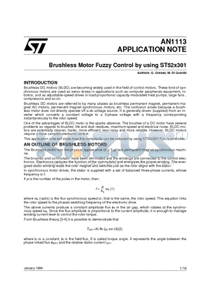 AN1113 datasheet - BRUSHLESS MOTOR FUZZY CONTROL BY USING ST52X301
