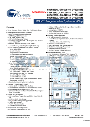 CY8C28452 datasheet - PSoC Programmable System-on-Chip