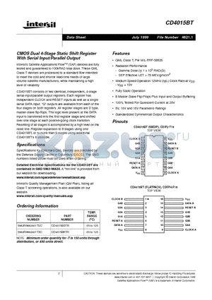 CD4015BT datasheet - CMOS Dual 4-Stage Static Shift Register With Serial Input/Parallel Output