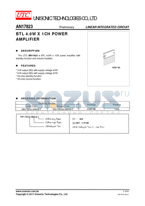 AN17823G-H09-B-T datasheet - BTL 4.0W X 1CH POWER AMPLIFIER