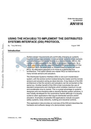 AN1816 datasheet - USING THE HC912B32 TO IMPLEMENT THE DISTRIBUTED SYSTEMS INTERFACE (DSI) PROTOCOL