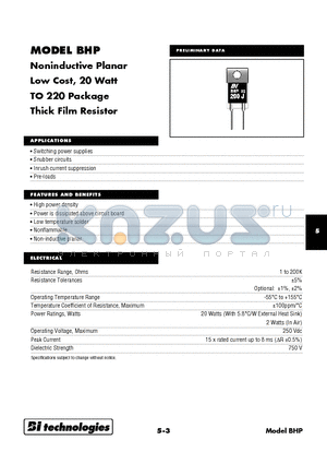 BHP20100F datasheet - Noninductive Planar Low Cost, 20 Watt TO 220 Package Thick Film Resistor