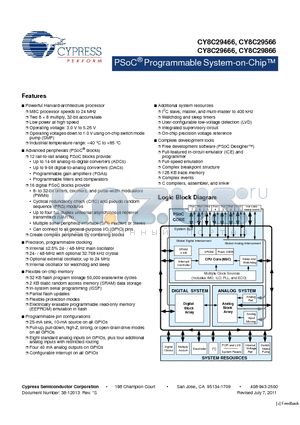 CY8C29566-24AXI datasheet - PSoC Programmable System-on-Chip Low power at high speed