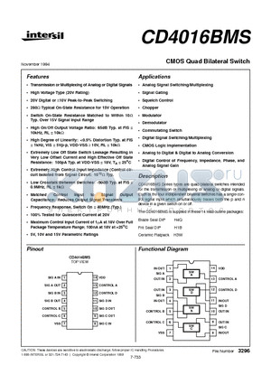 CD4016BMS datasheet - CMOS Quad Bilateral Switch