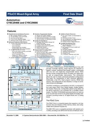 CY8C29666-12PVXET datasheet - PSoC^ Mixed-Signal Array