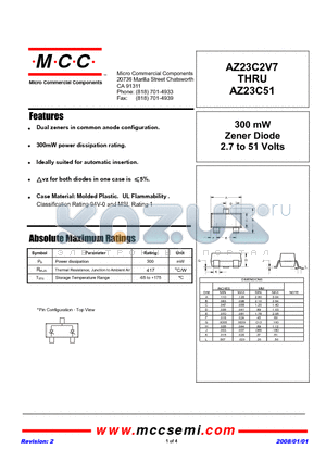 AZ23C2V7 datasheet - 300 mW Zener Diode 2.7 to 51 Volts