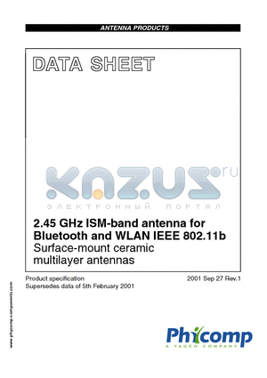 AN2450000707054F datasheet - 2.45 GHz ISM-band antenna for Bluetooth and WLAN IEEE 802.11b