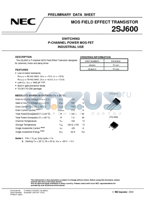 2SJ600 datasheet - SWITCHING P-CHANNEL POWER MOS FET INDUSTRIAL USE