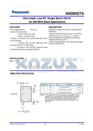 AN26027A_13 datasheet - Ultra small, Low NF, Single Band LNA-IC for 600 MHz Band Applications